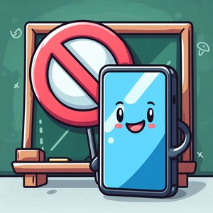 Нарисованный смартфон улыбается на фоне классной доски и знака запрета