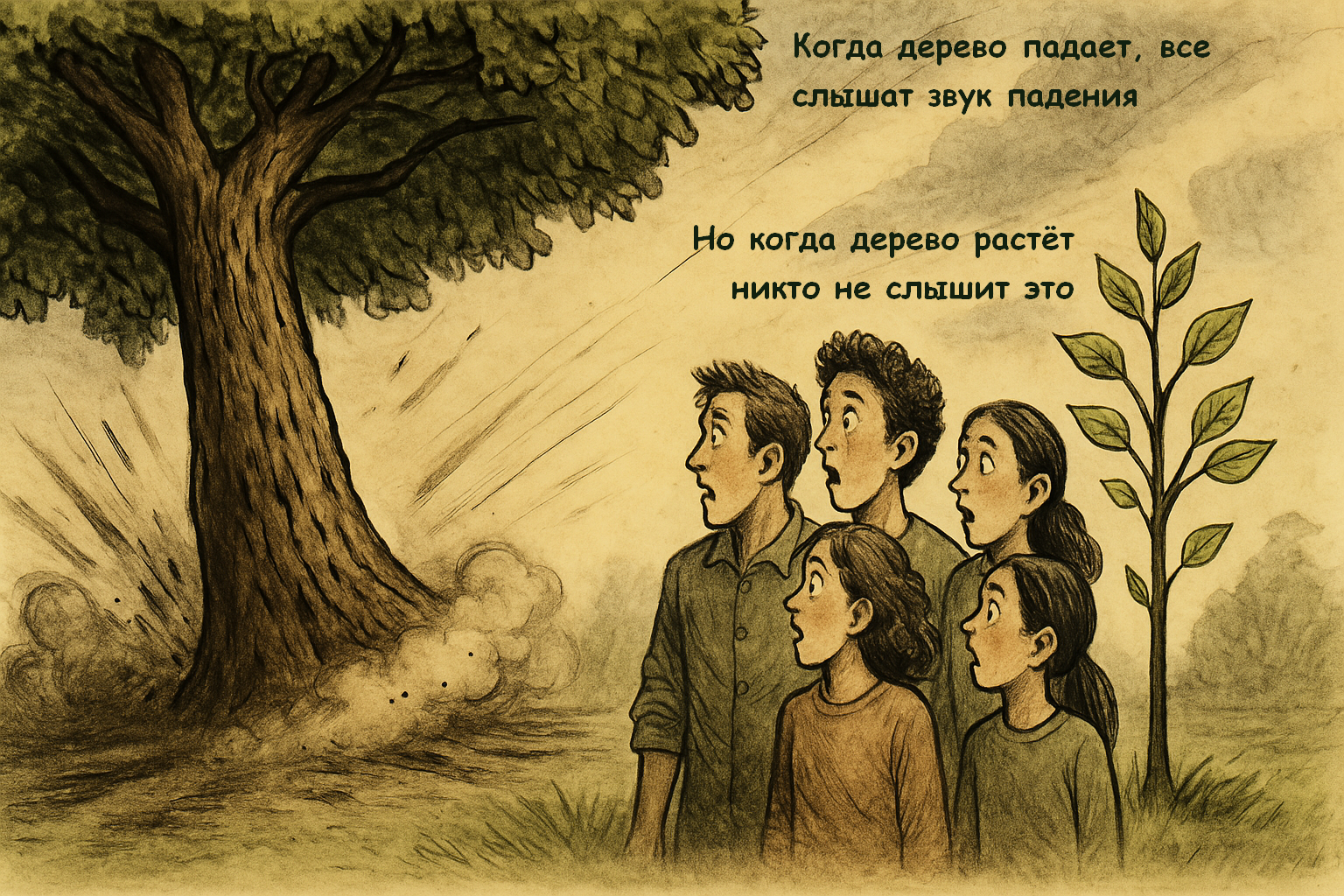 Когда дерево падает, все слышат звук падения. Но когда дерево растёт никто не слышит это. Персидская пословица